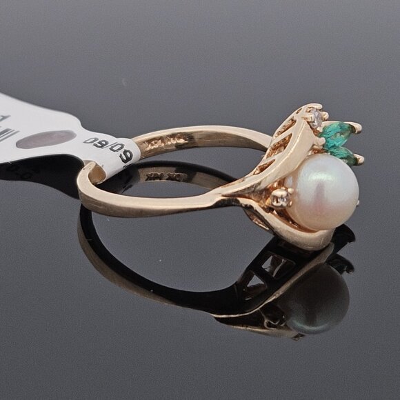 14K Yellow Gold Diamond Emerald & 6mm Pearl Small Cocktail Ring Size 5 - Picture 13 of 15